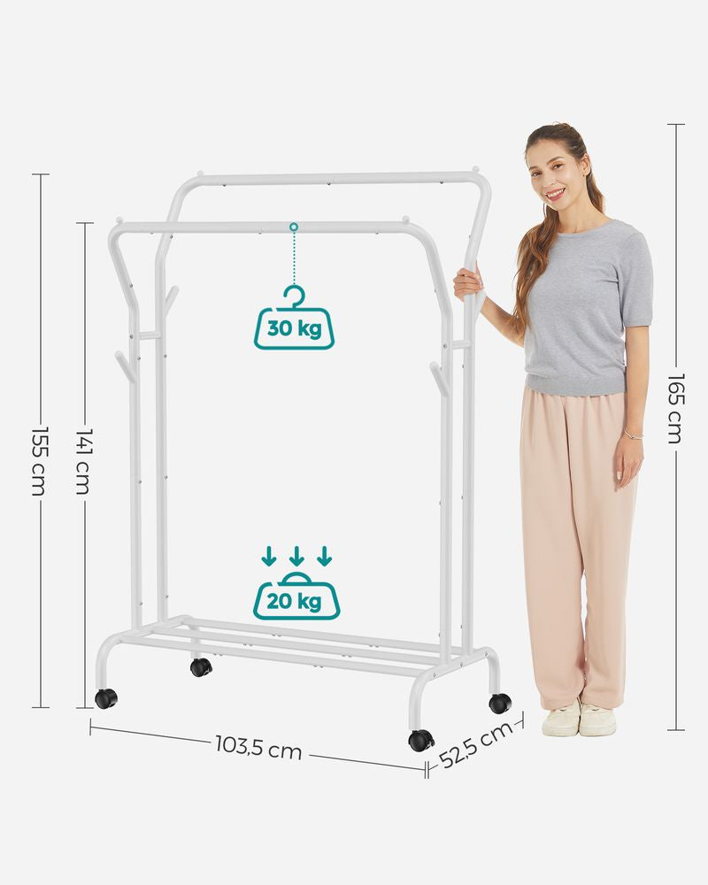 Songmics Garderobenständer – mit Rollen, Stahl, Weiss, 103,5 × 53 × 155 cm