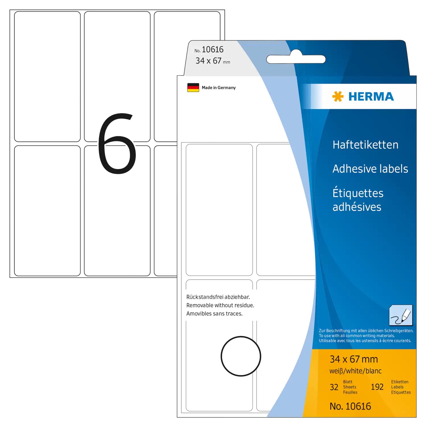 HERMA Schuletiketten – 34×67 mm, Abgerundete Ecken, 144 Stk, 24 Bogen, Papier, Ablösbar