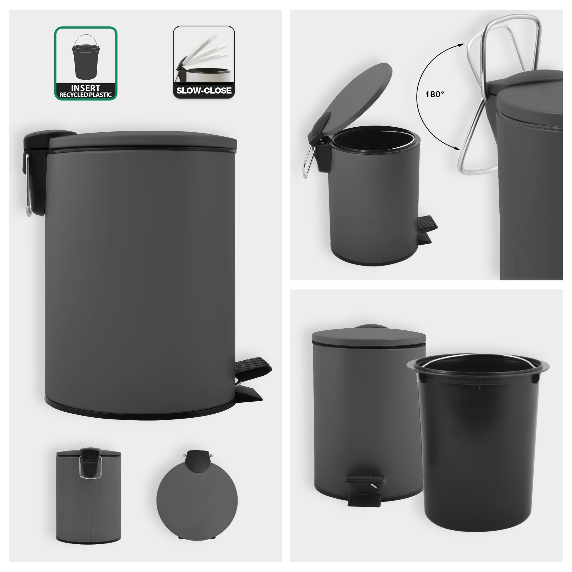 Spirella Treteimer Adelar – 3 l – Stahl, rund – dunkelgrau