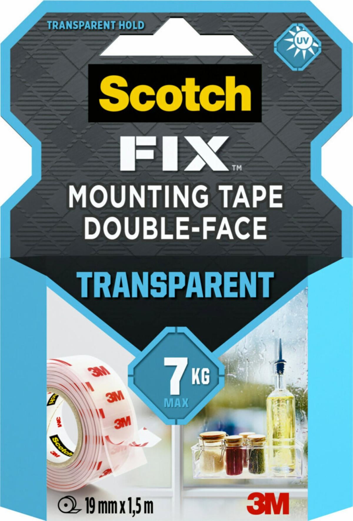 Scotch Montageband Fix, stark, für den Innenbereich, für glatte Oberflächen – 19 mm × 1,5 m, transparent, bis 1 kg/20 cm