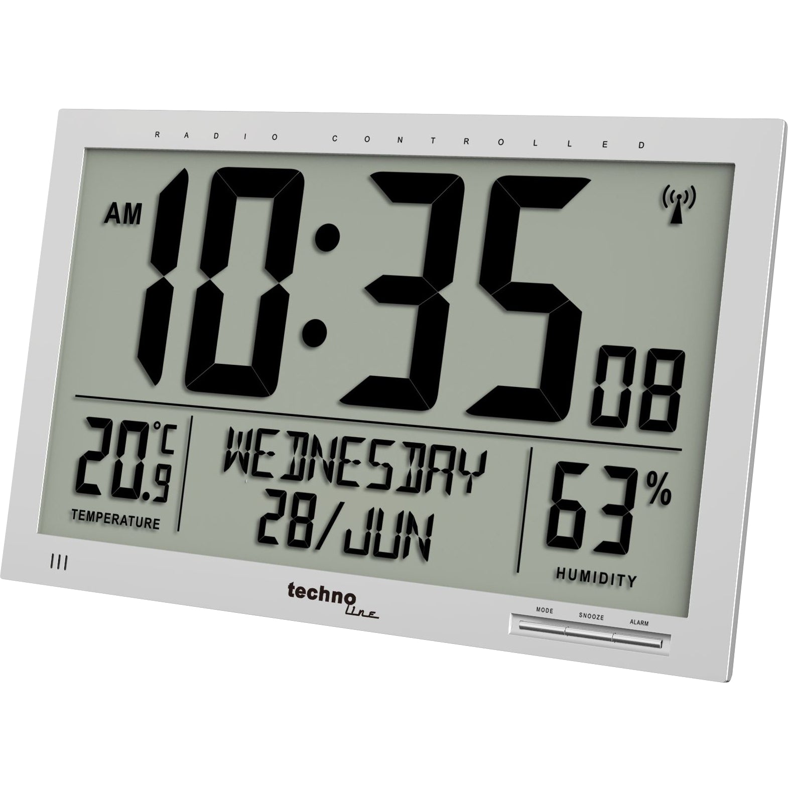 Technoline WS 8013 Wanduhr – Digital, Funk, Thermometer, Hygrometer, 36,9 × 27,0 × 2,4 cm, Weiss