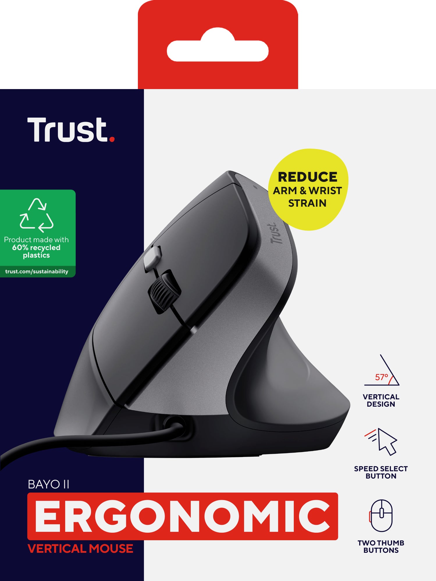 Trust Bayo II Ergonomisch – Vertikale Maus – Kabelgebunden (USB-A), Rechts, Schwarz