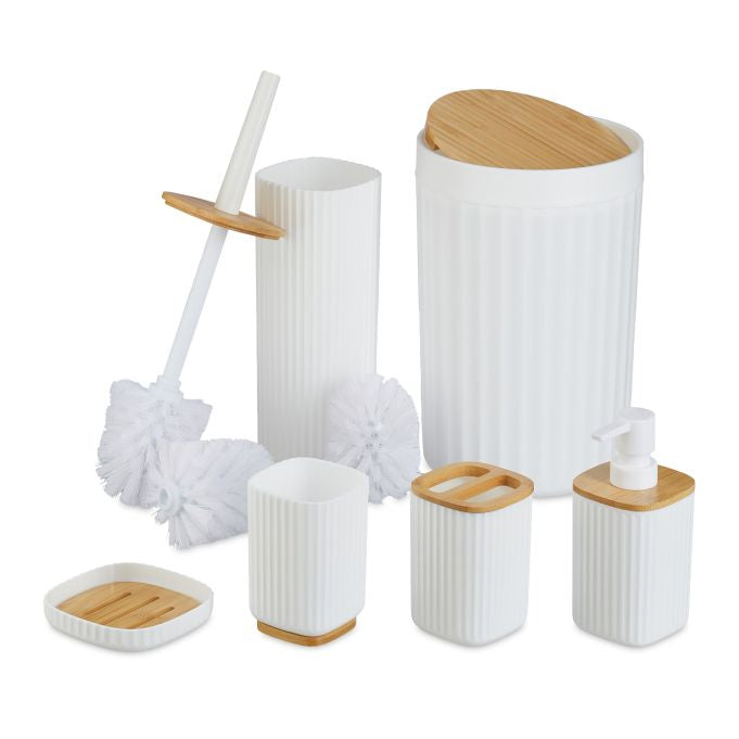 Relaxdays Badzubehör Set – Kunststoff (65%)/Kunststoff (20%)/Bambus (15%), freistehend, Weiss, 6er-Set