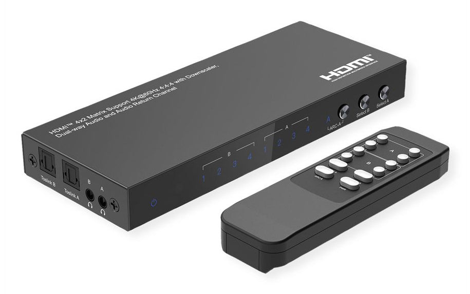 VALUE HDMI Matrix 4×2, 4K@60 Hz, HDCP 2.2, EDID, Toslink, Downscale, IR-Fernbedienung