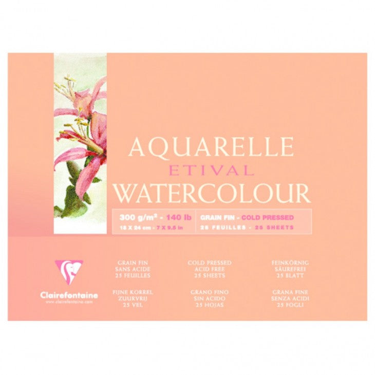 Clairefontaine ETIVAL Aquarellblock – 18 × 24 cm – 300 g/m² – geleimt – 25 Blatt, feinkörnig, für Aquarell