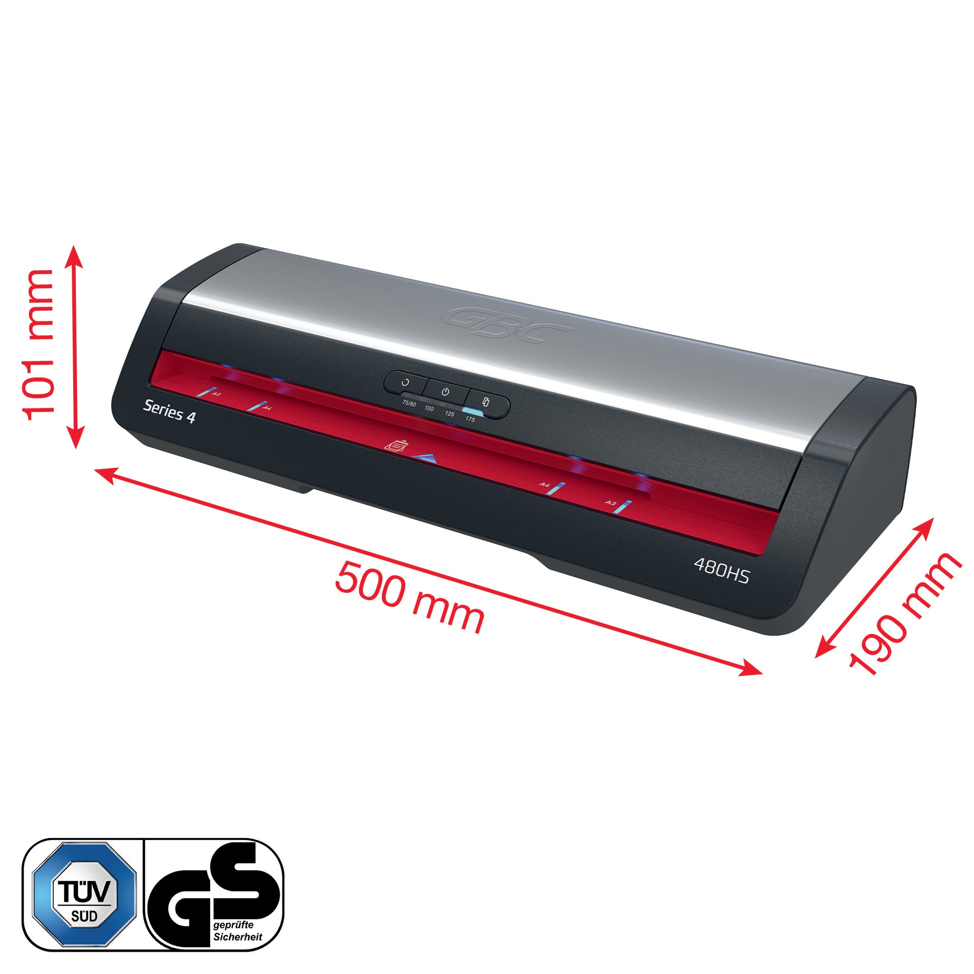 GBC 480HS Laminiergerät A3 – 2-Rollen, 75–175 µm, Aufheizzeit 1 Min., 800 mm/min, schwarz/silber/rot