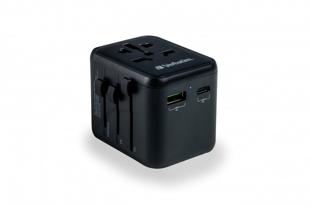 Verbatim Reiseadapter – 100–250 V, 2'500 W, 2x USB (PD20W) – von Typ A/B/C zu Typ E/F/G usw. – schwarz