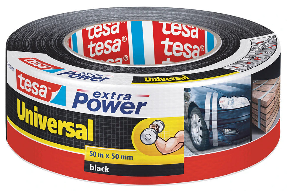 tesa Gewebeband Extra Power Universal – 50 mm × 50 m, schwarz, extra stark, recycelt