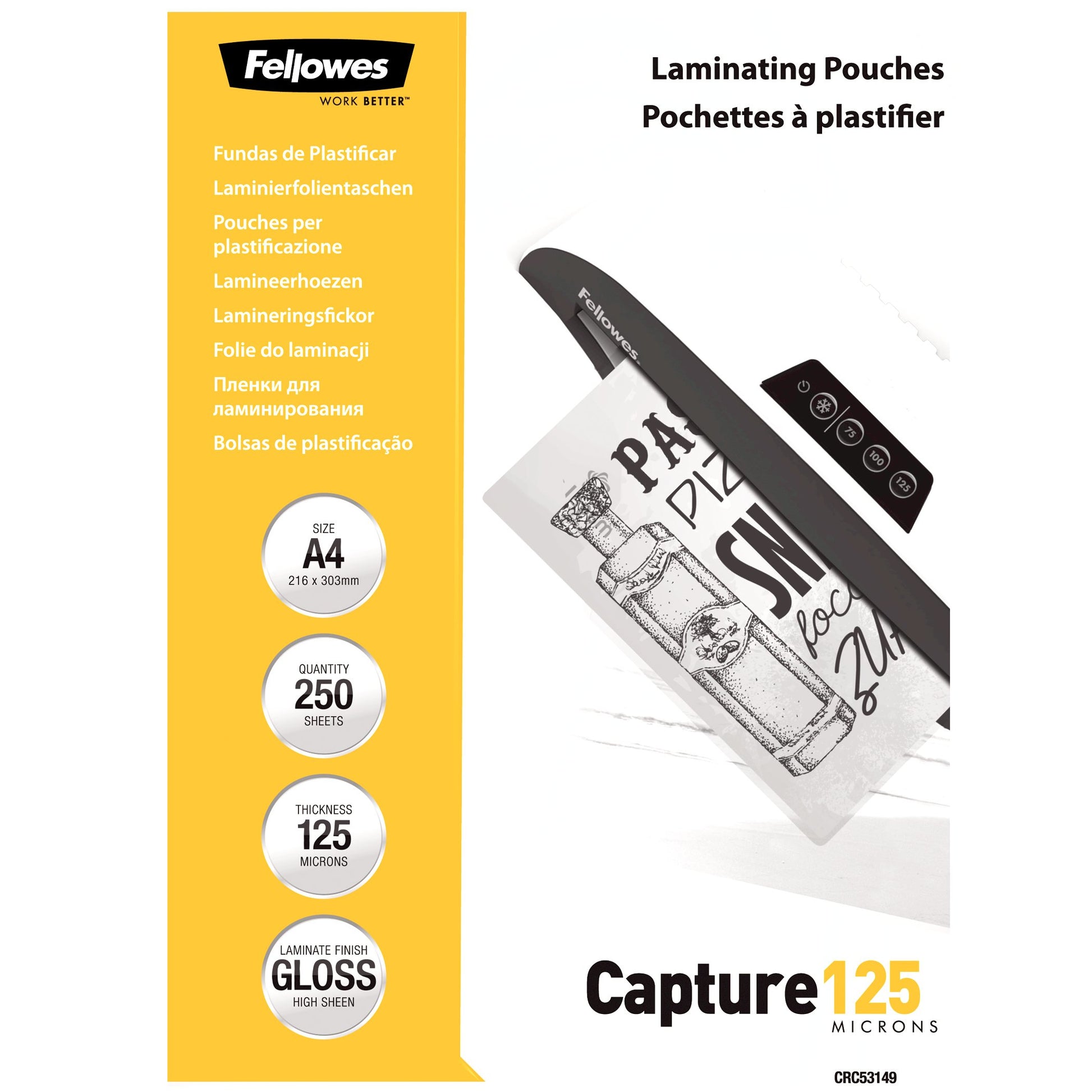 Fellowes Laminierfolien A4, glänzend – 125 µm, 216 × 303 mm, 250 Stk.