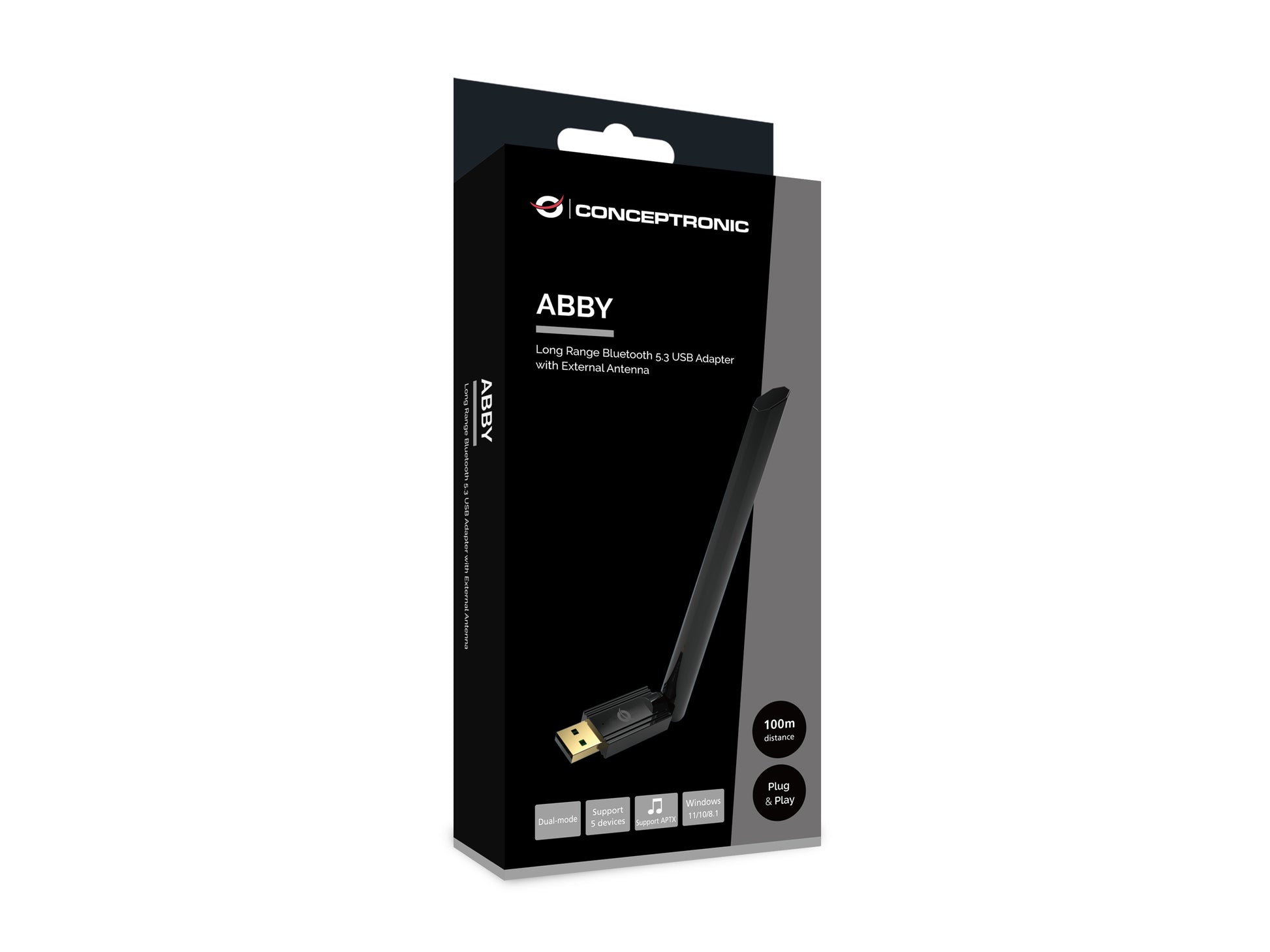 Conceptronic ABBY17B USB-Bluetooth-Adapter – Bluetooth 5.3, bis 100 m, 3 Mbit/s, externe Antenne – USB (gerade)