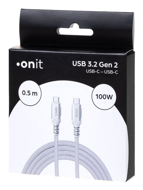 ONIT USB-C auf USB-C Kabel – USB 3.2 Gen 2 (10 Gbit/s) – 0,5 m – PD 100 W – Textilmantel – Weiss