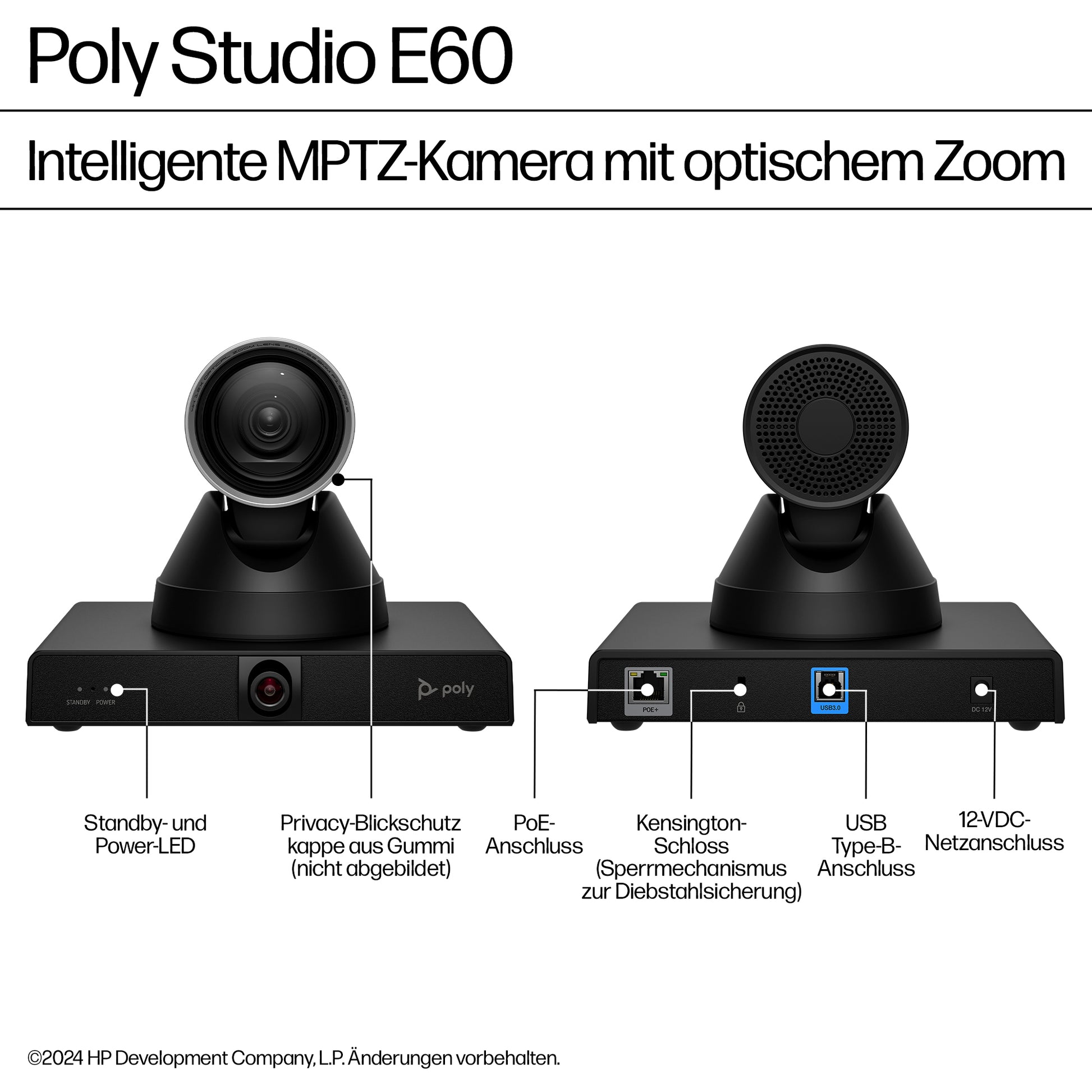 HP Poly Poly Studio E60 – PTZ-Kamera, 4K, 12× optischer Zoom