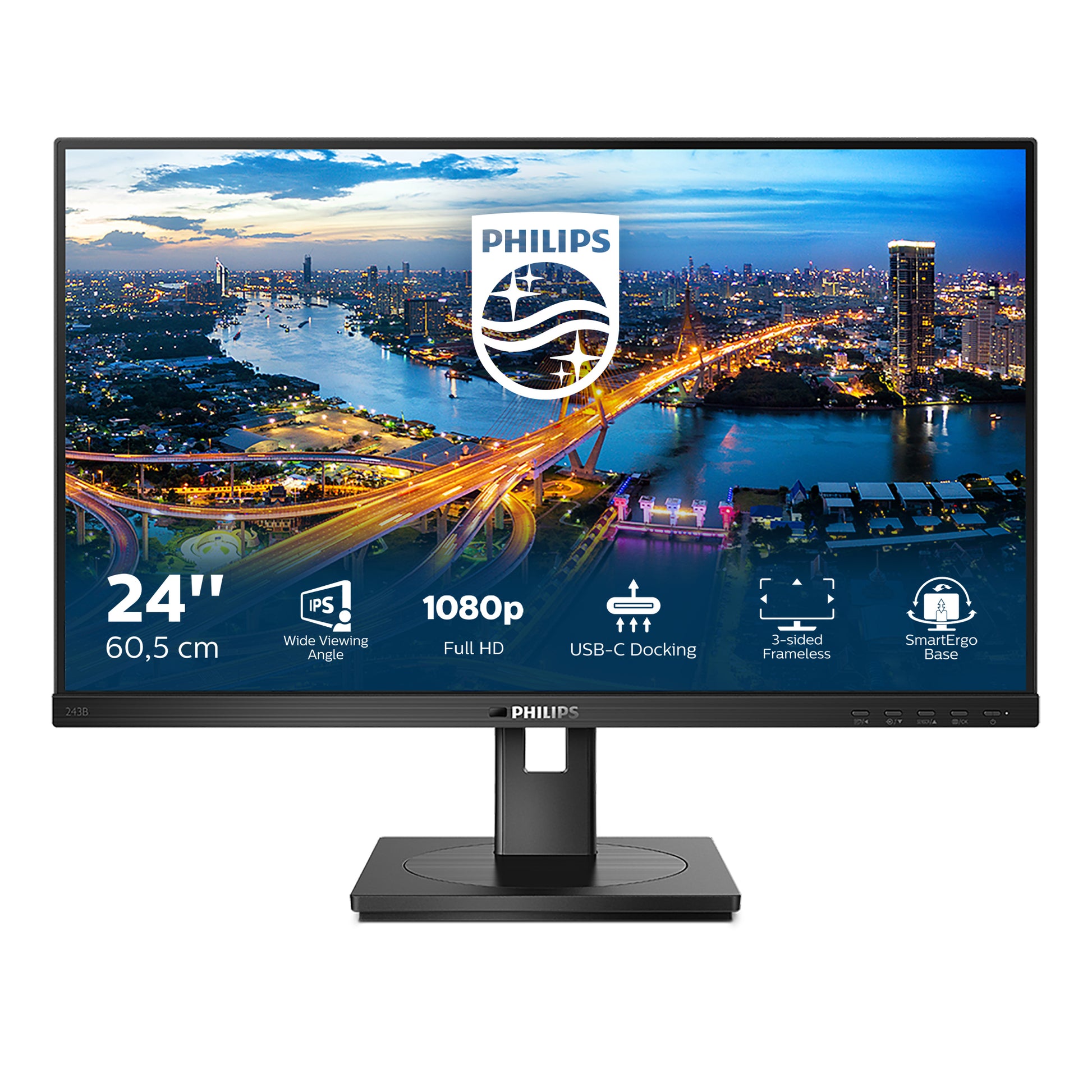 Philips 243B1/00 – Monitor, 23,8" 1920 × 1080 (Full HD), IPS, 75 Hz, USB-C, Lautsprecher, Schwarz