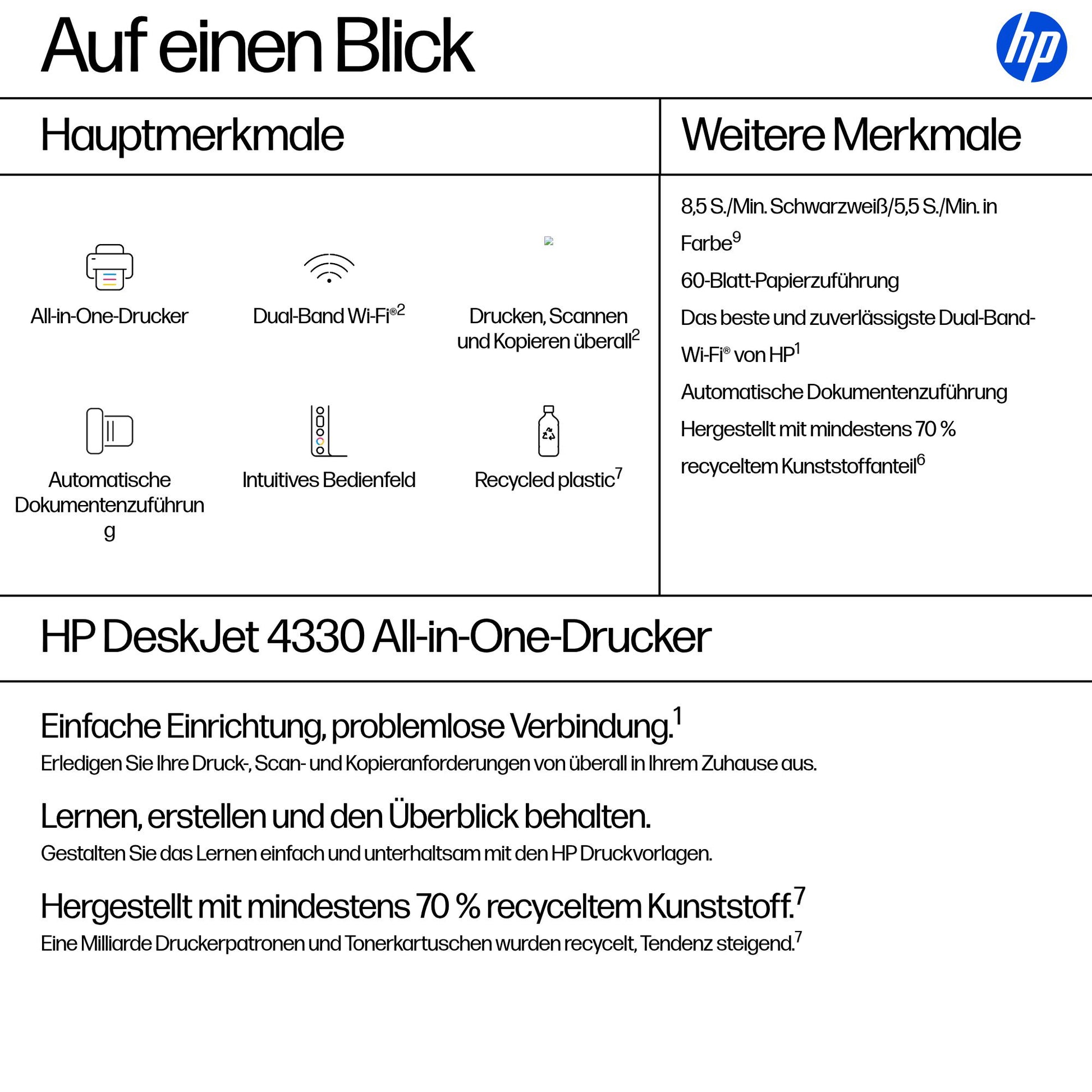HP DeskJet 4330 – Farbtintenstrahl-Multifunktionsdrucker, A4, 3-in-1, Duplex, ADF, WLAN, AirPrint, Mopria