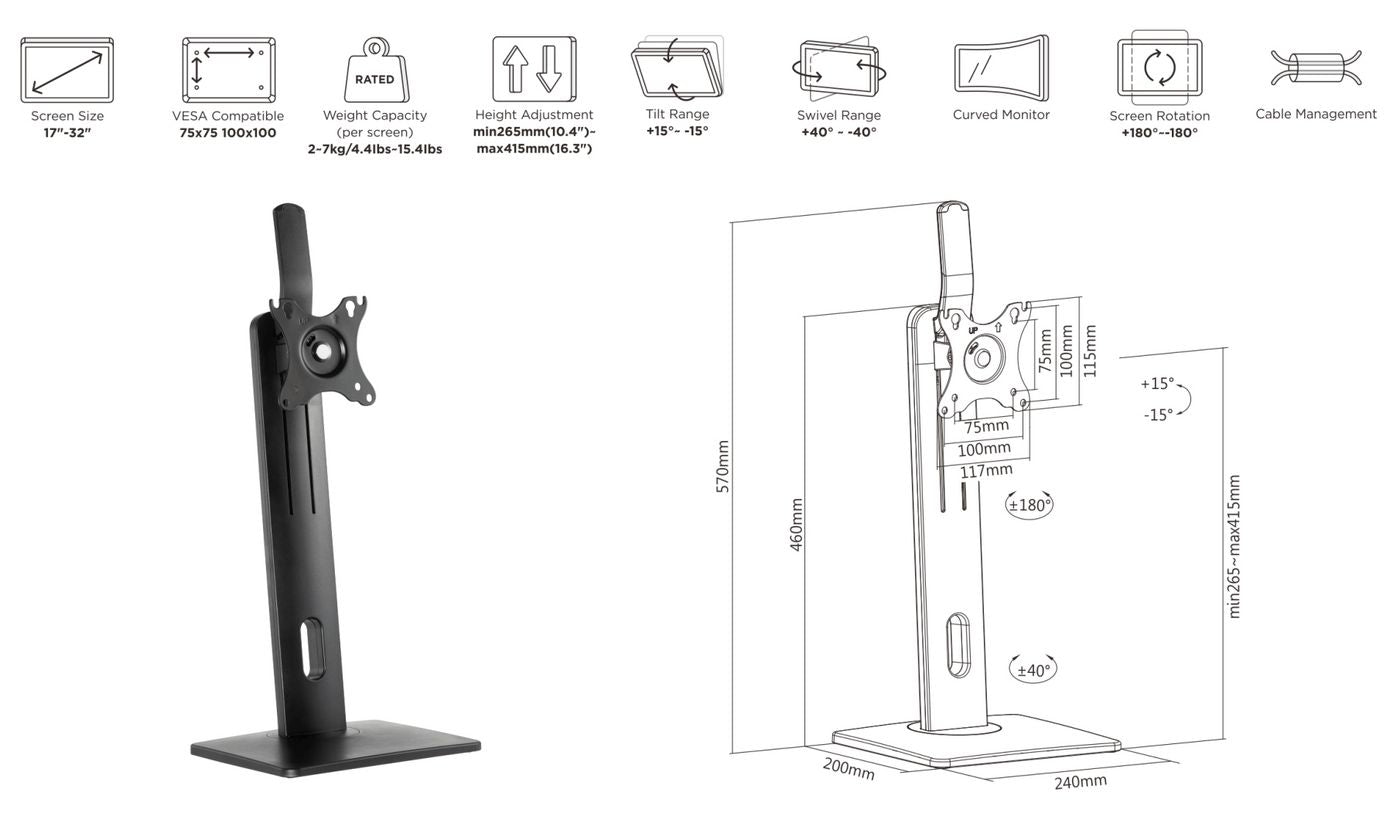 eSTUFF Monitorhalterung, Standfuss – bis 27", VESA 100 × 100 mm