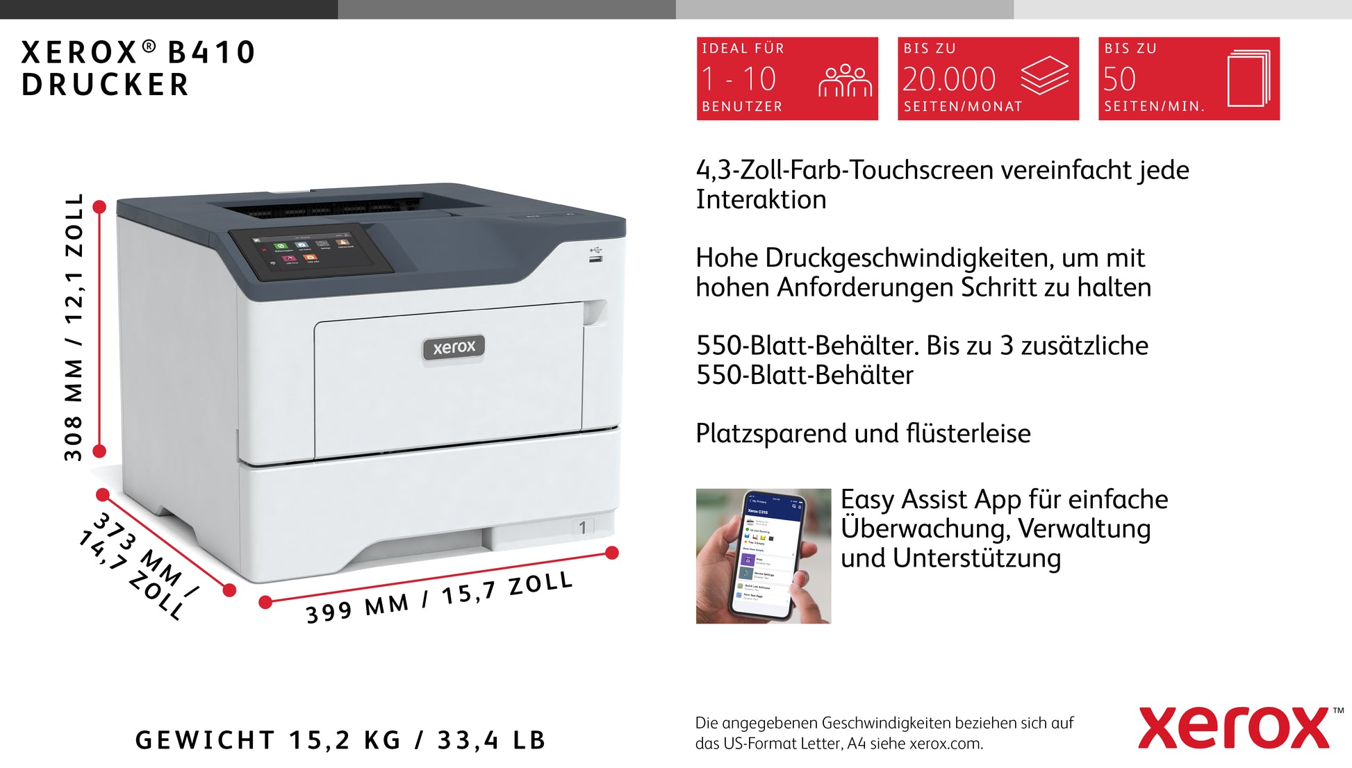 Xerox B410 – Farbe, A4, Duplex, LAN, USB, 47 ppm, AirPrint, Mopria