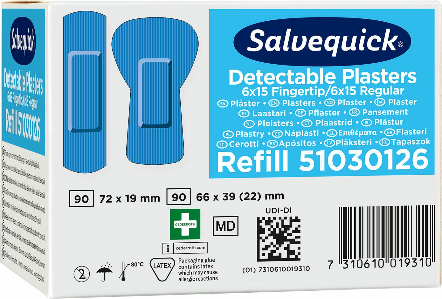 Cederroth Salvequick Fingerkuppen-Pflaster Nachfüllpackung – detektierbar – sortiert – 6 × 30 Stk.