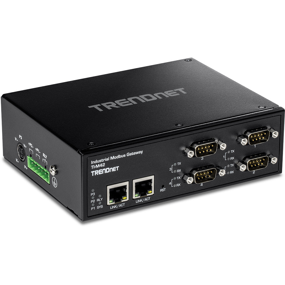 TRENDnet TI-M42 Modbus-Gateway RS-232/422/485 zu Ethernet – 4× DB-9, 2× RJ-45 10/100 Mbit/s, 50–921,6 kbit/s