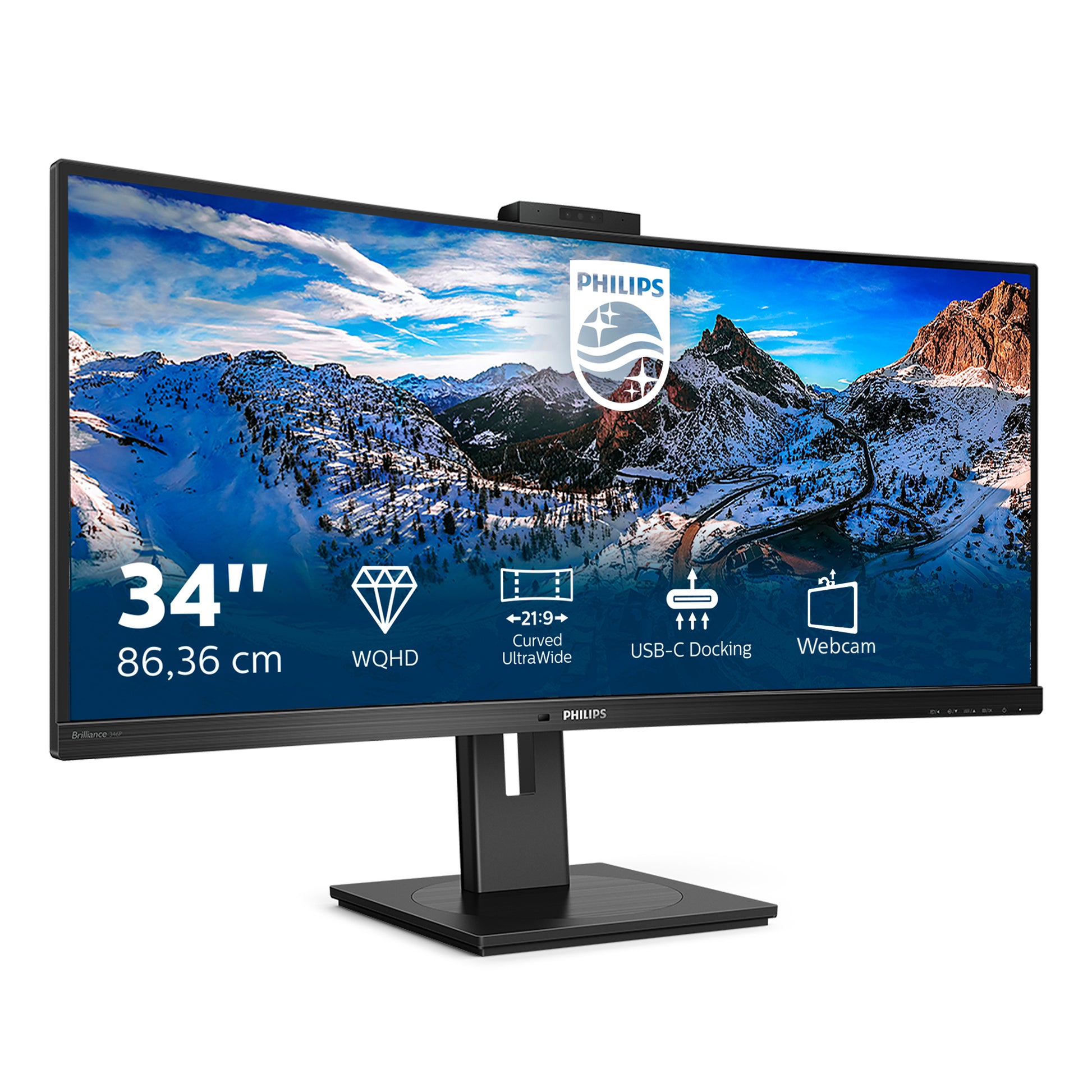 Philips 346P1CRH – Monitor, 34", 100 Hz, 500 cd/m², USB-C, Daisy Chain, KVM, Webcam, VESA 100 × 100, Schwarz