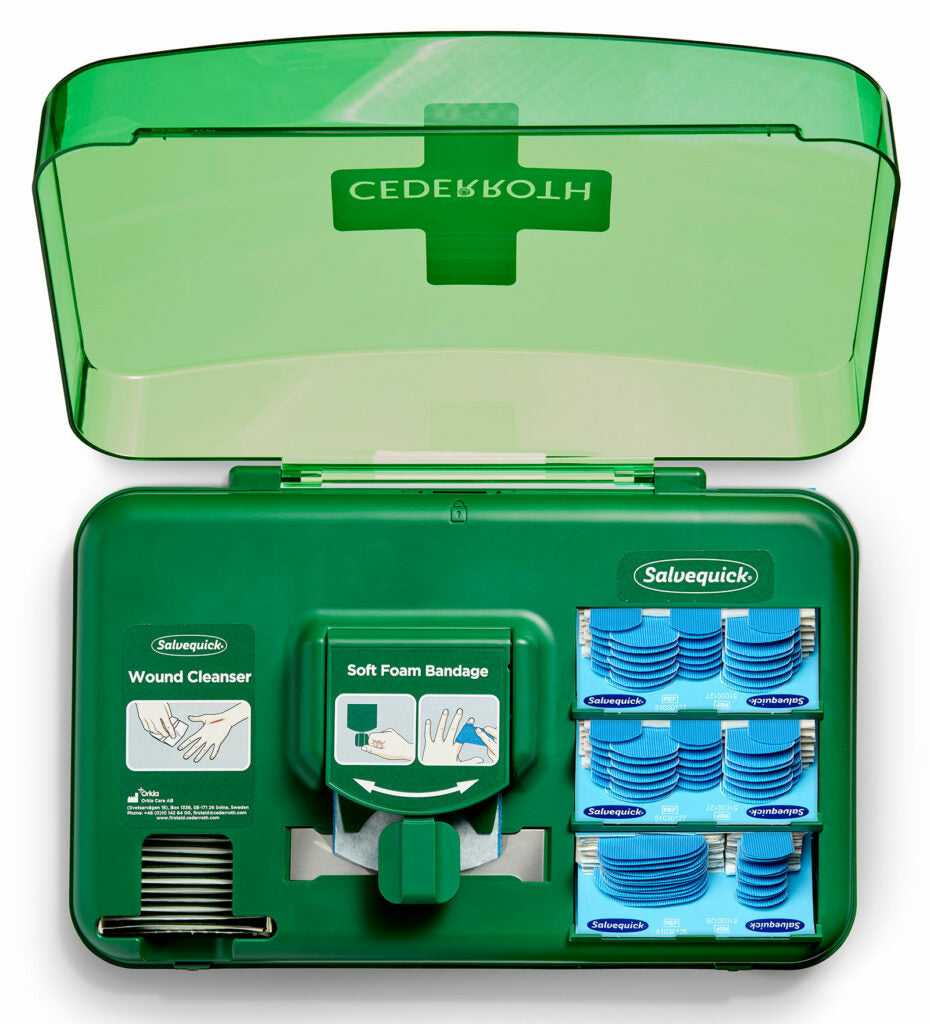 Cederroth Wundversorgungs-Spender – 40 Wundreinigungstücher, Soft-Foam 4,5 m, 2 detektierbare Pflaster