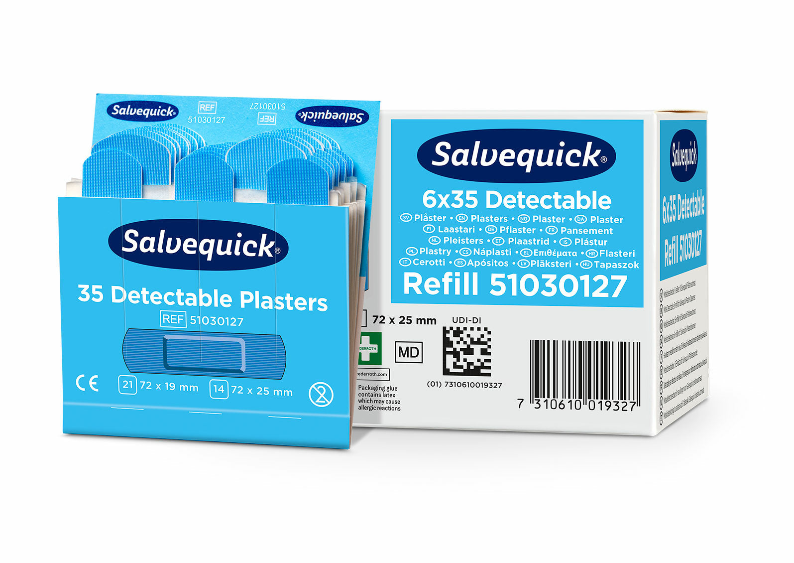 Cederroth Salvequick Pflaster-Nachfüllpackung – detektierbar – blau – sortiert – 6 × 35 Stk.