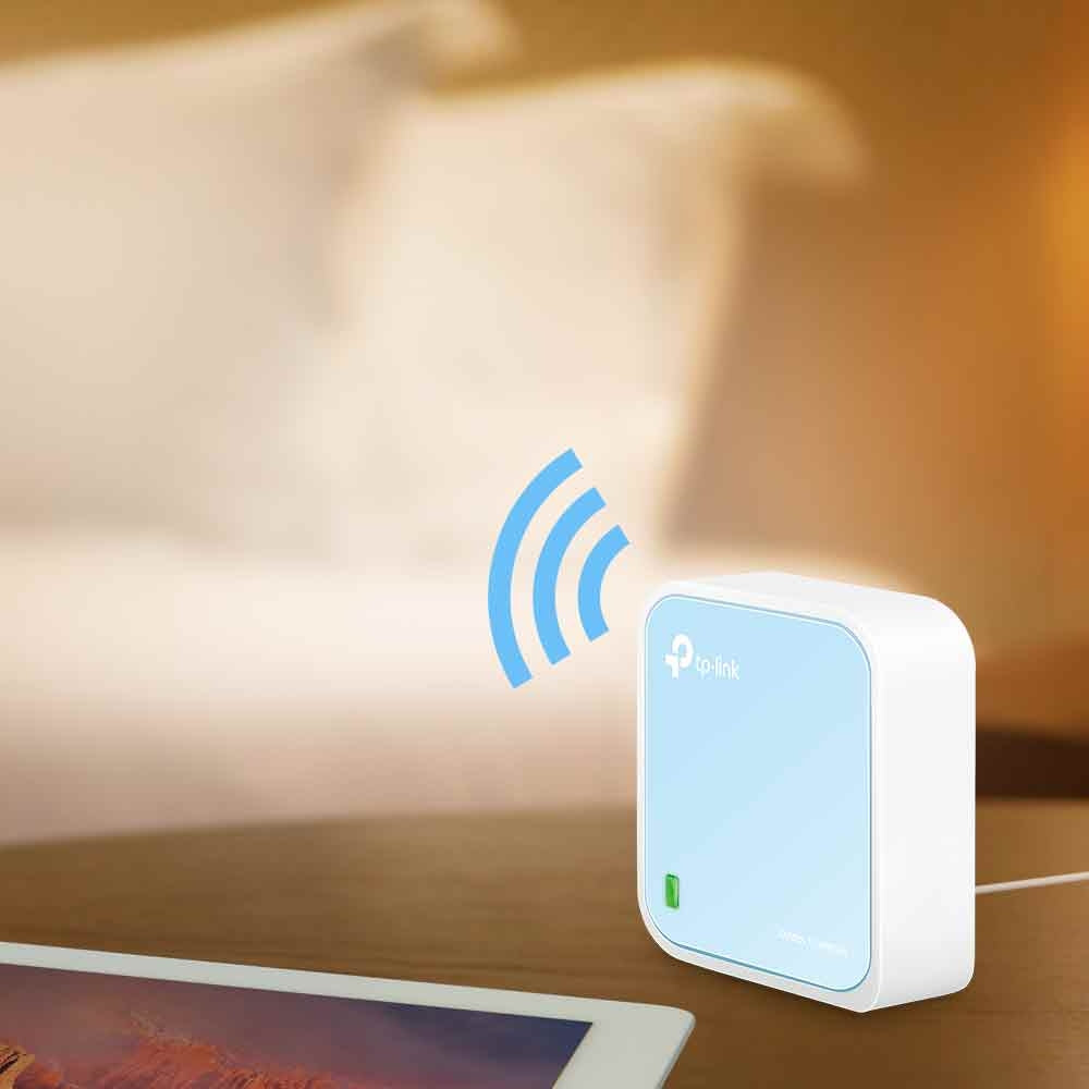 TP-Link TL-WR802N – Mini-WLAN-Router, Wi-Fi 4, 2,4 GHz, 300 Mbit/s, 1× Fast Ethernet, USB, Blau/Weiss