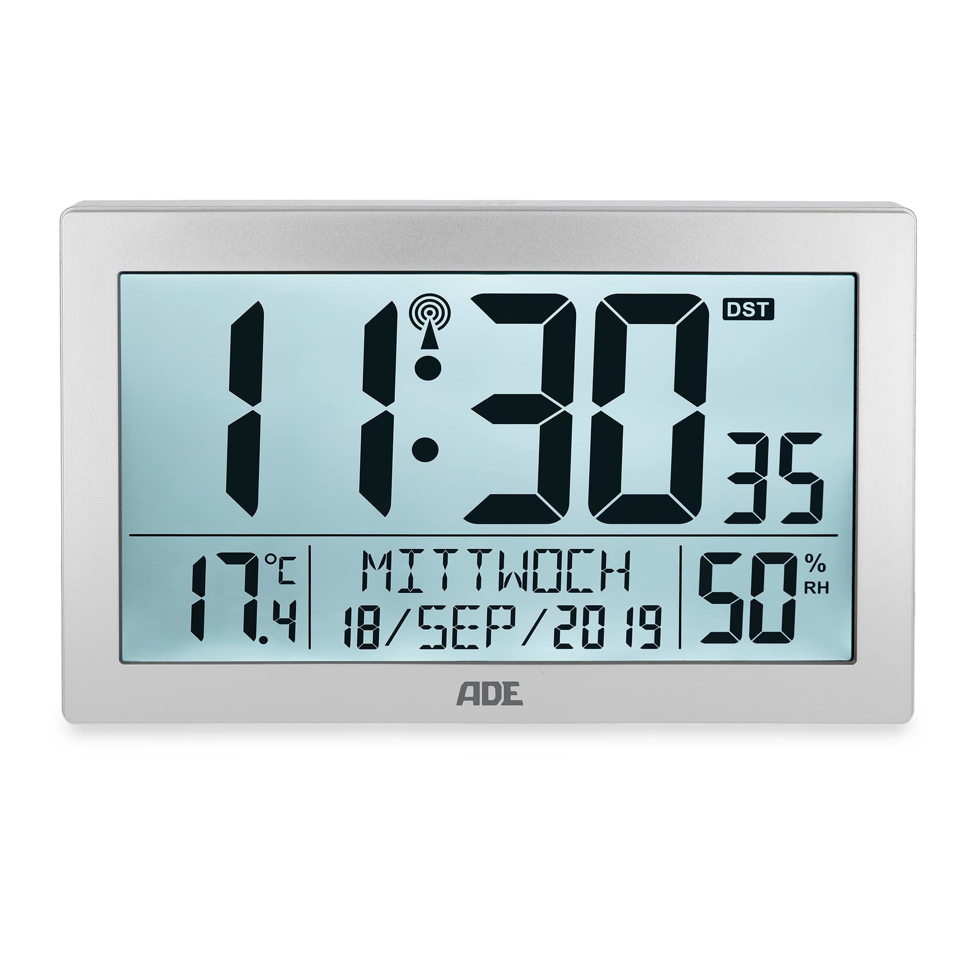 ADE CK2309 Digitalwecker – Funk, Schlummerfunktion, Thermometer, 22,5 × 14,5 × 3,3 cm, Silber