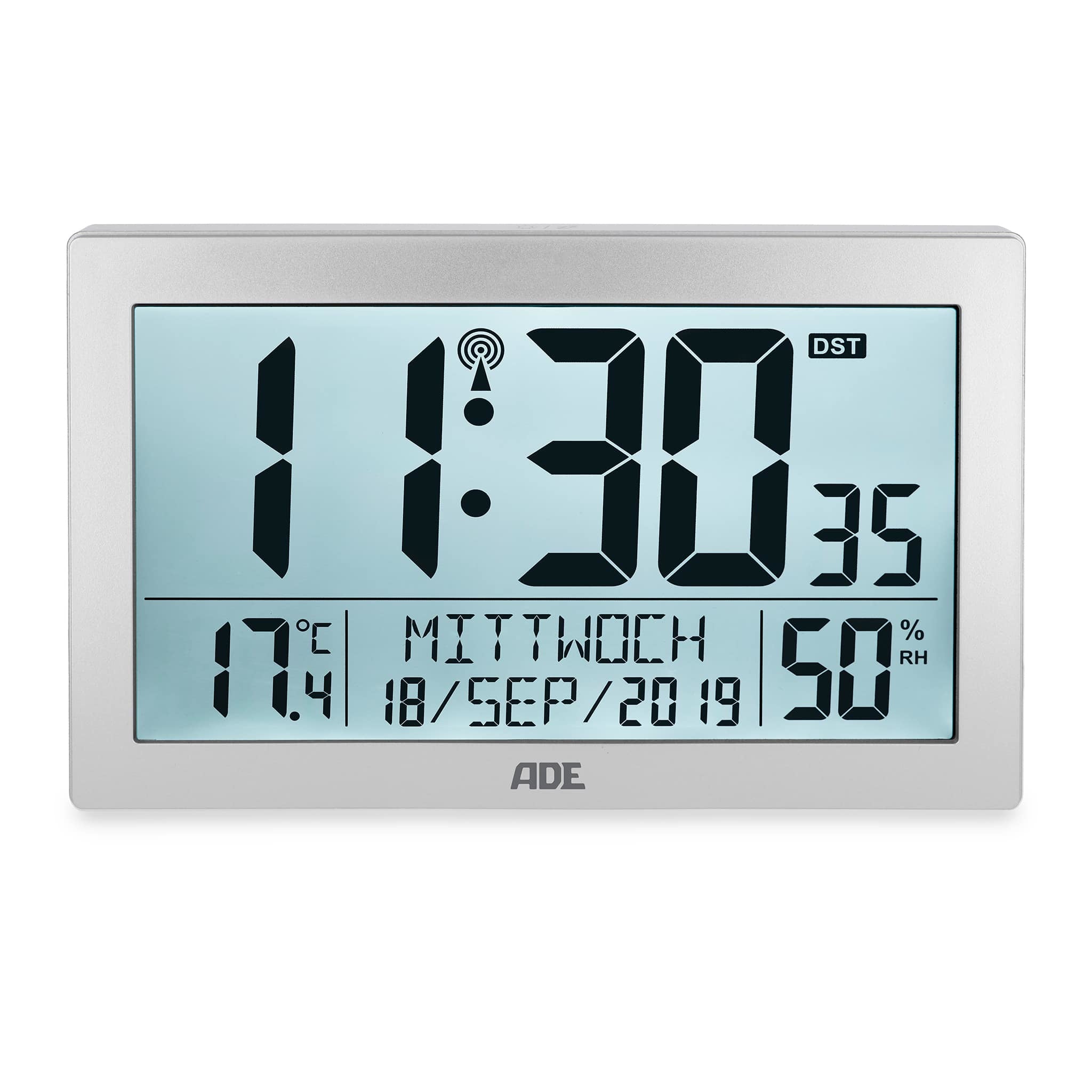 ADE CK2309 Digitalwecker – Funk, Schlummerfunktion, Thermometer, 22,5 × 14,5 × 3,3 cm, Silber
