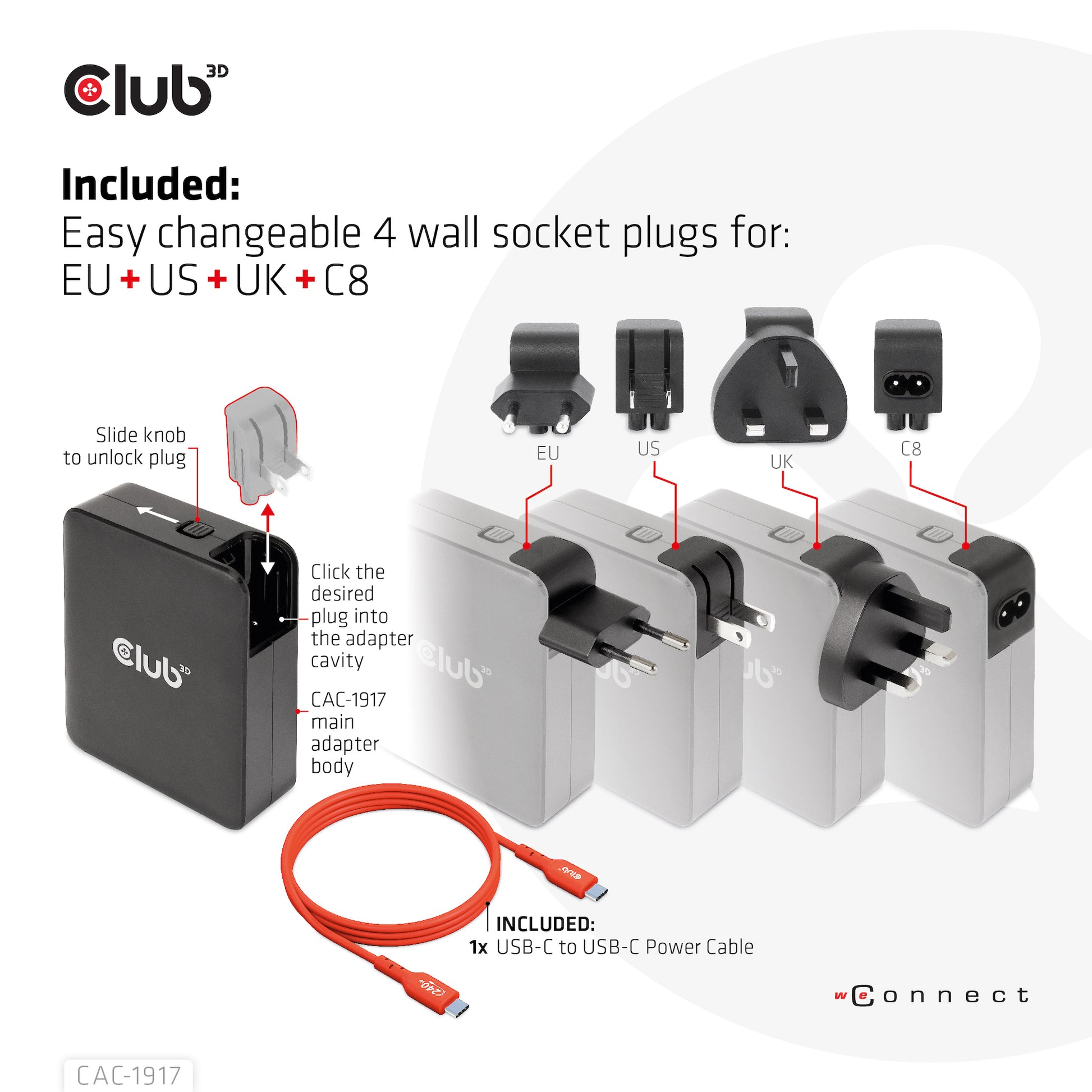 CLUB3D CAC-1917 USB-Desktop-Ladegerät 140 W – USB-C×3, USB-A×1 – PD, GaN