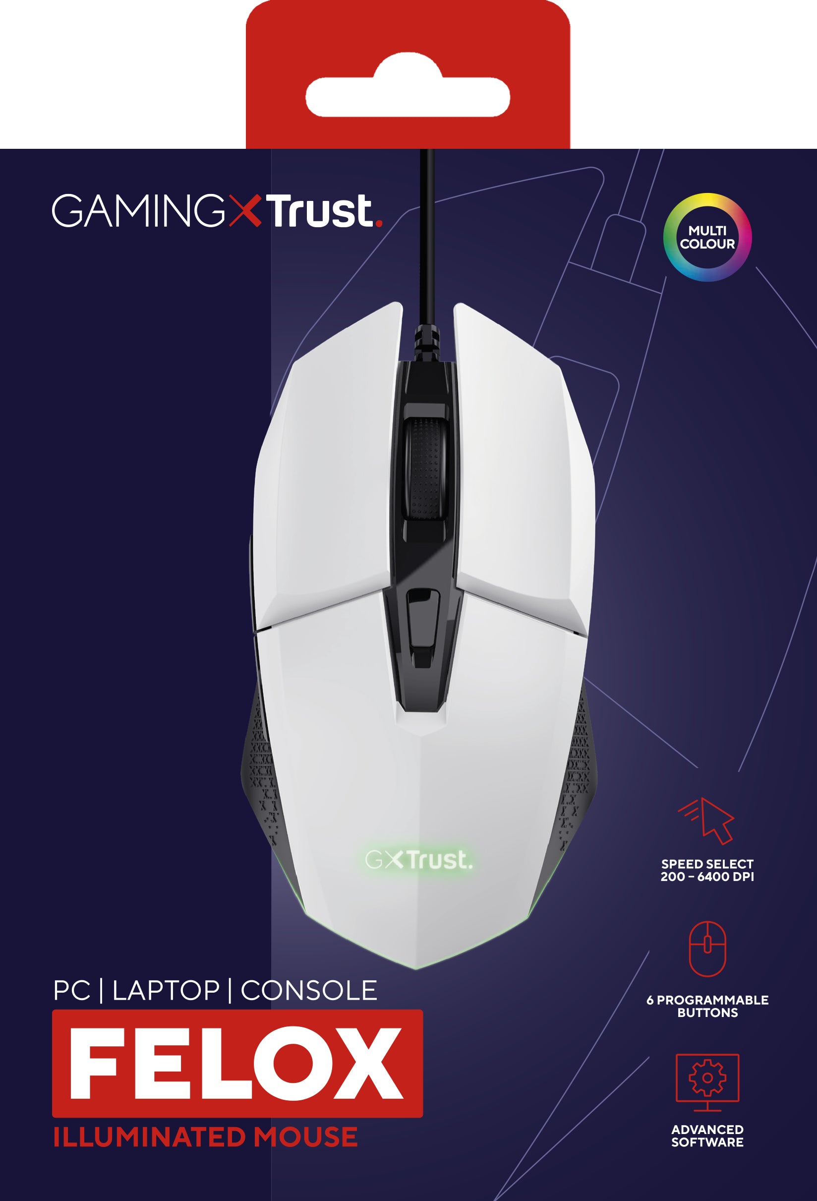 Trust GXT 109W Felox – Gaming-Maus – Kabelgebunden (USB-A), 6400 DPI, Rechts, Weiss