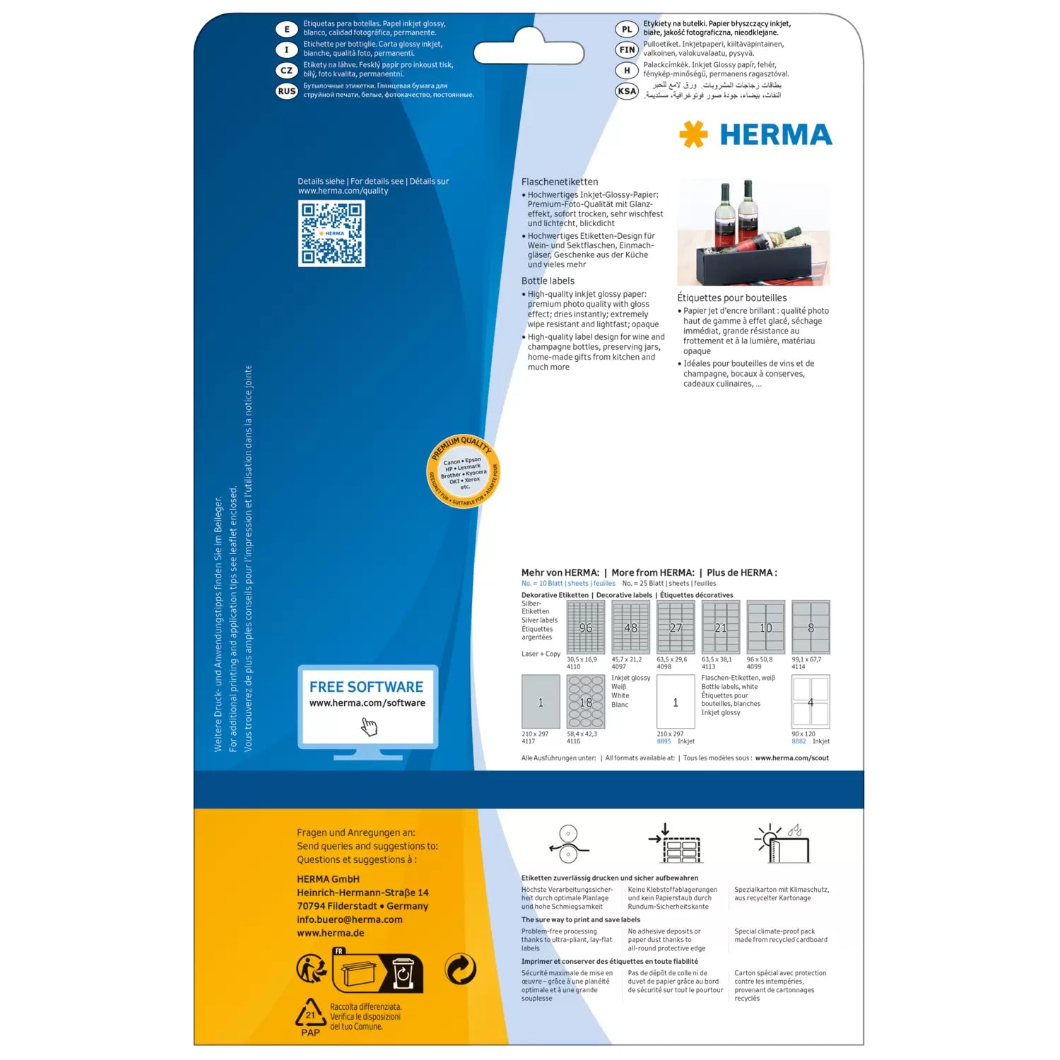HERMA 8882 – Etiketten A4 90 × 120 mm – Papier, weiss – Permanent haftend – Inkjet – 4 pro Blatt, 10 Blätter