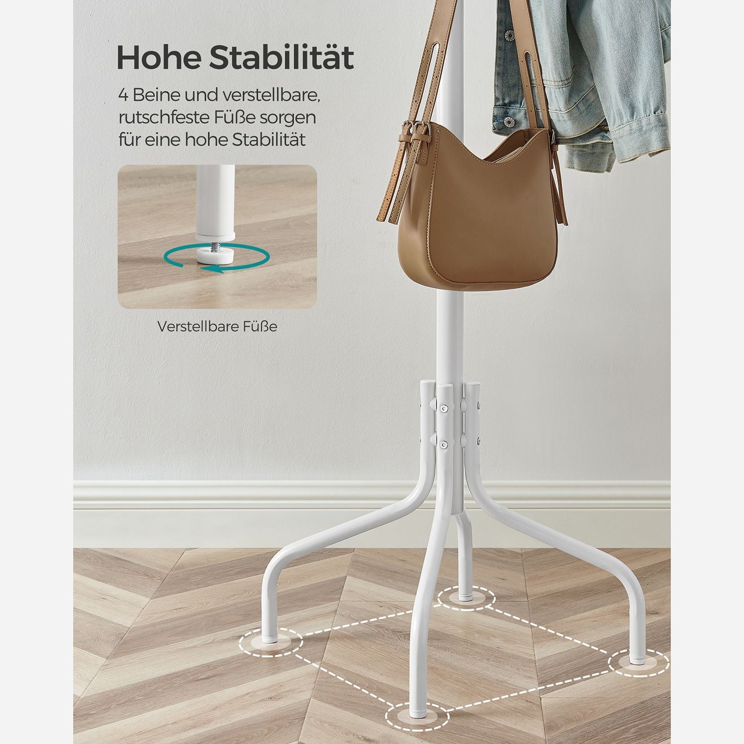 Songmics Garderobenständer – 12 Haken, Stahl, Weiss/Holz, 55 × 55 × 180 cm