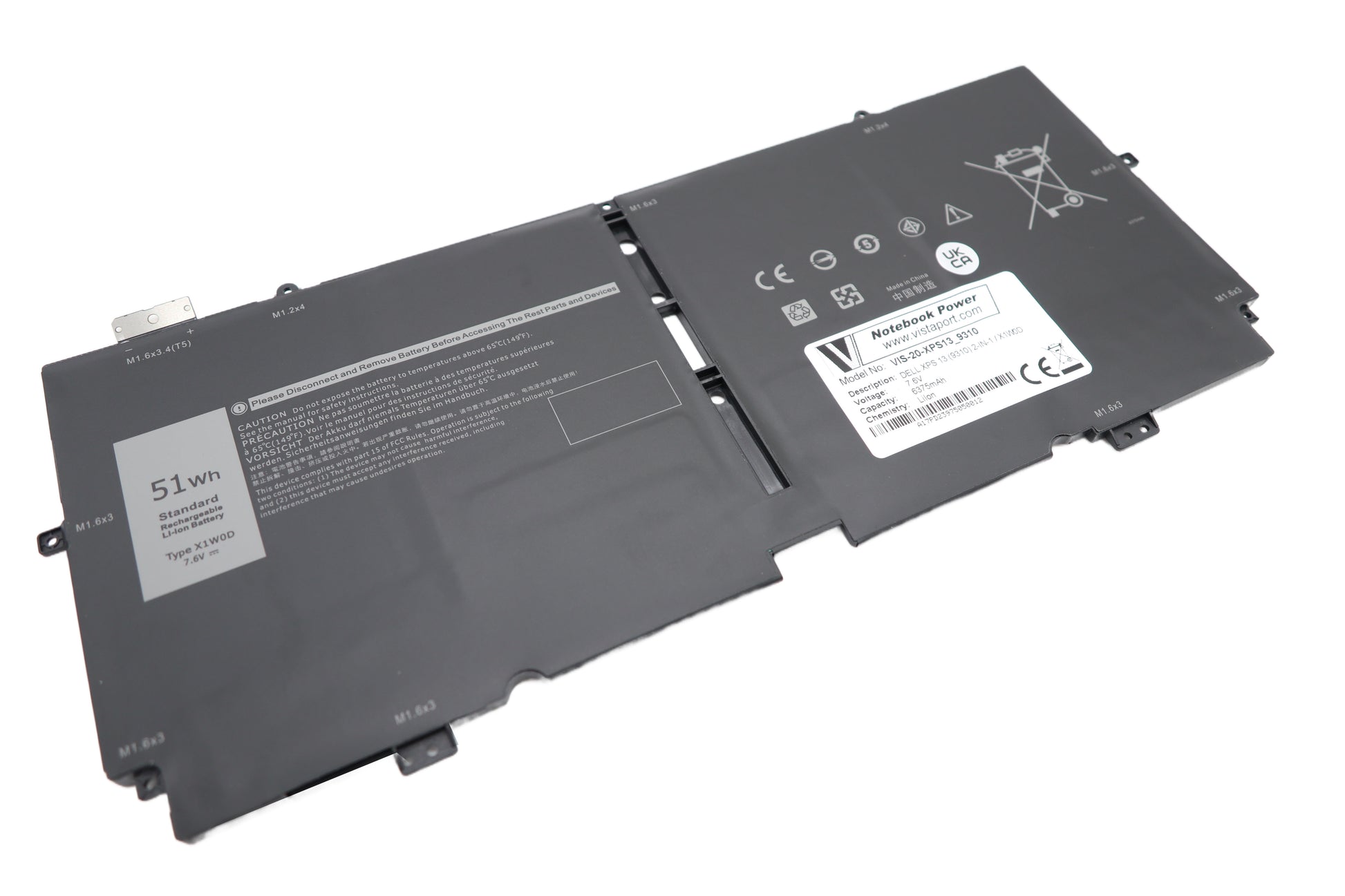Vistaport Notebook-Akku – für Dell XPS 13 (9310) 2-IN-1 – 51 Wh, 7,6 V – Schwarz