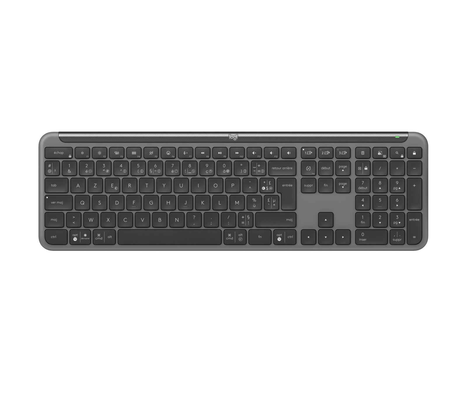 Logitech K950 Signature Slim – Tastatur, kabellos (Bluetooth/2,4 GHz), FR-Layout (FR), Grau