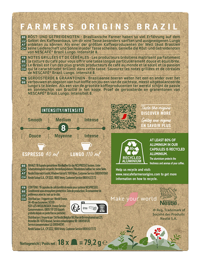 Nescafé Farmers Origins Brazil – Kapseln für Nespresso – Lungo, Intensität 8, 18 Kapseln