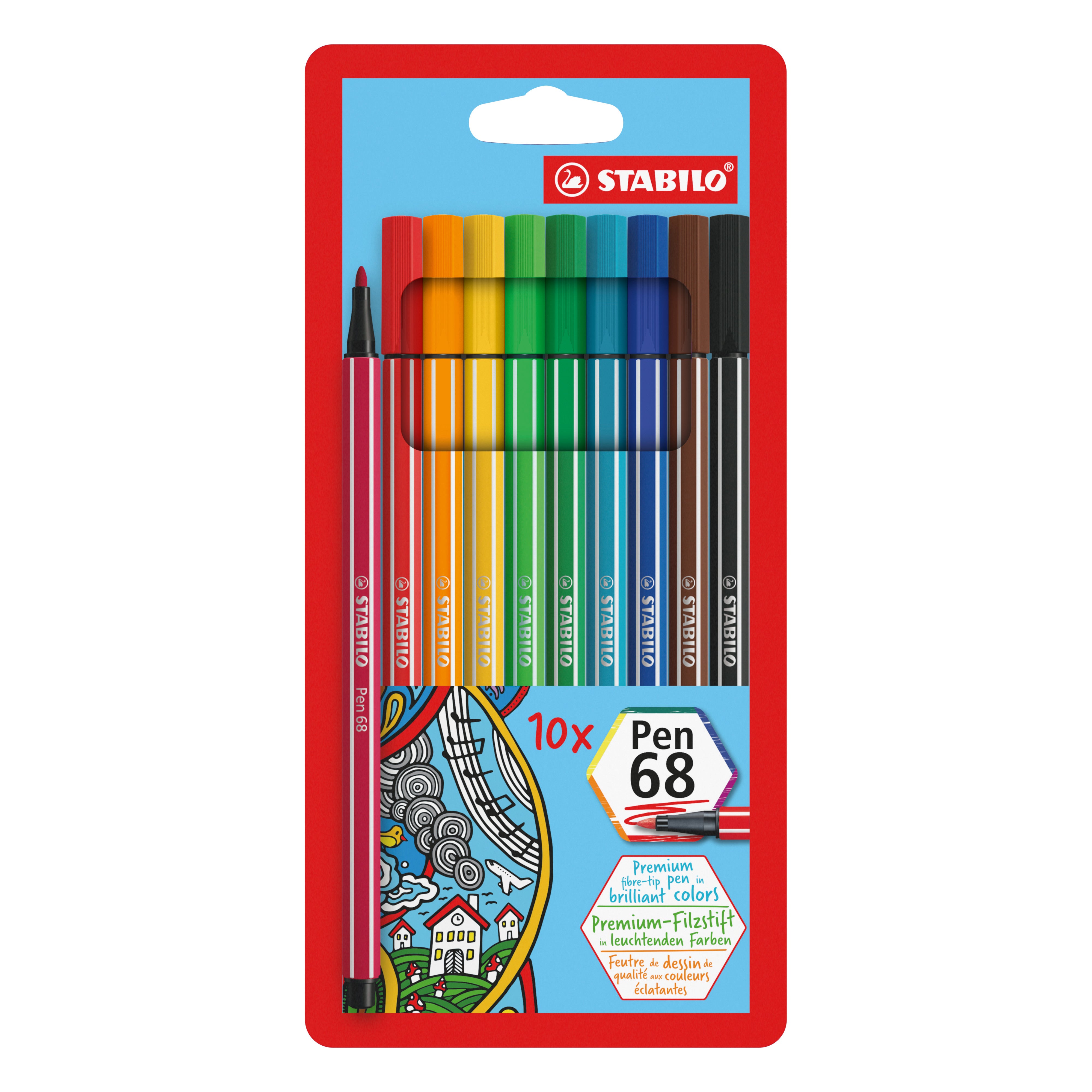 STABILO Pen 68 Filzstifte – Rundspitze, 1 mm, wasservermalbar, 10 Farben