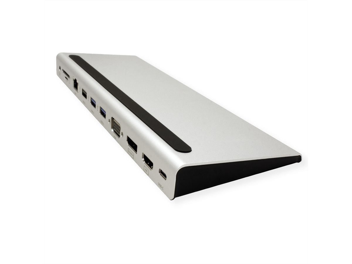 VALUE Dockingstation – USB-C, DP/HDMI/VGA, 3× USB-A, GbE, SD/microSD, 3,5 mm Audio, für Windows/Mac