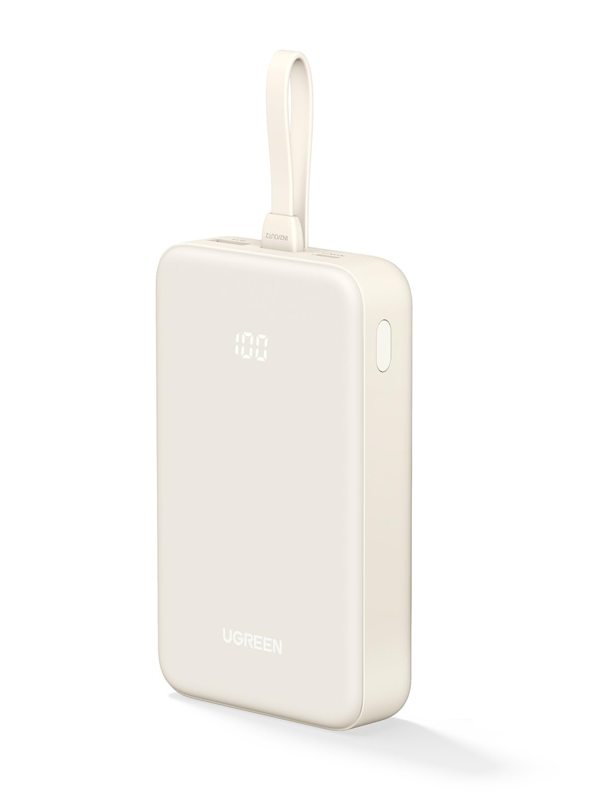 UGREEN – Powerbank 20000 mAh, PD 20 W, 1× USB-C, 1× USB-A, mit integriertem USB-C-Kabel, für Smartphones, beige