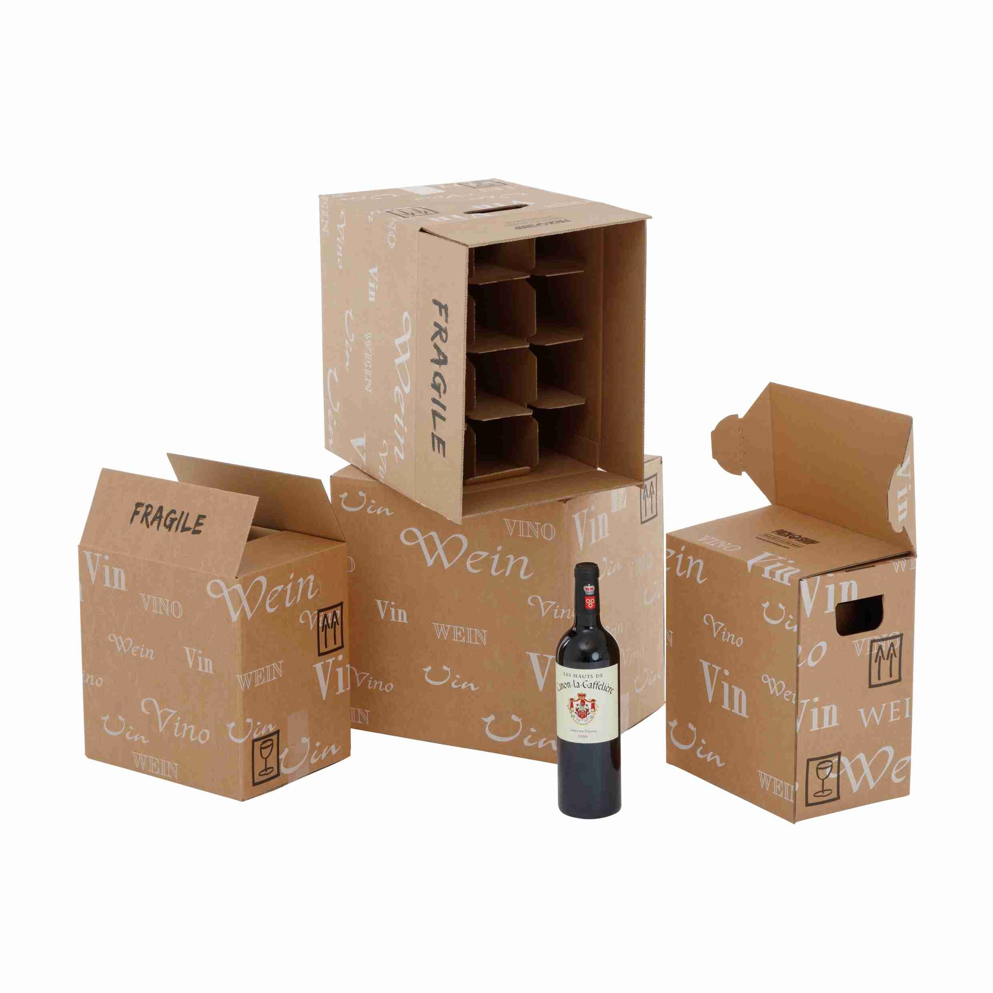 Model Weinversandkarton – für 6 × 0,75 l, max. 145 mm & Ø80 mm – 403 × 192 × 145 mm, braun, Automatikboden – 1 Stk., ab 400 Stk.