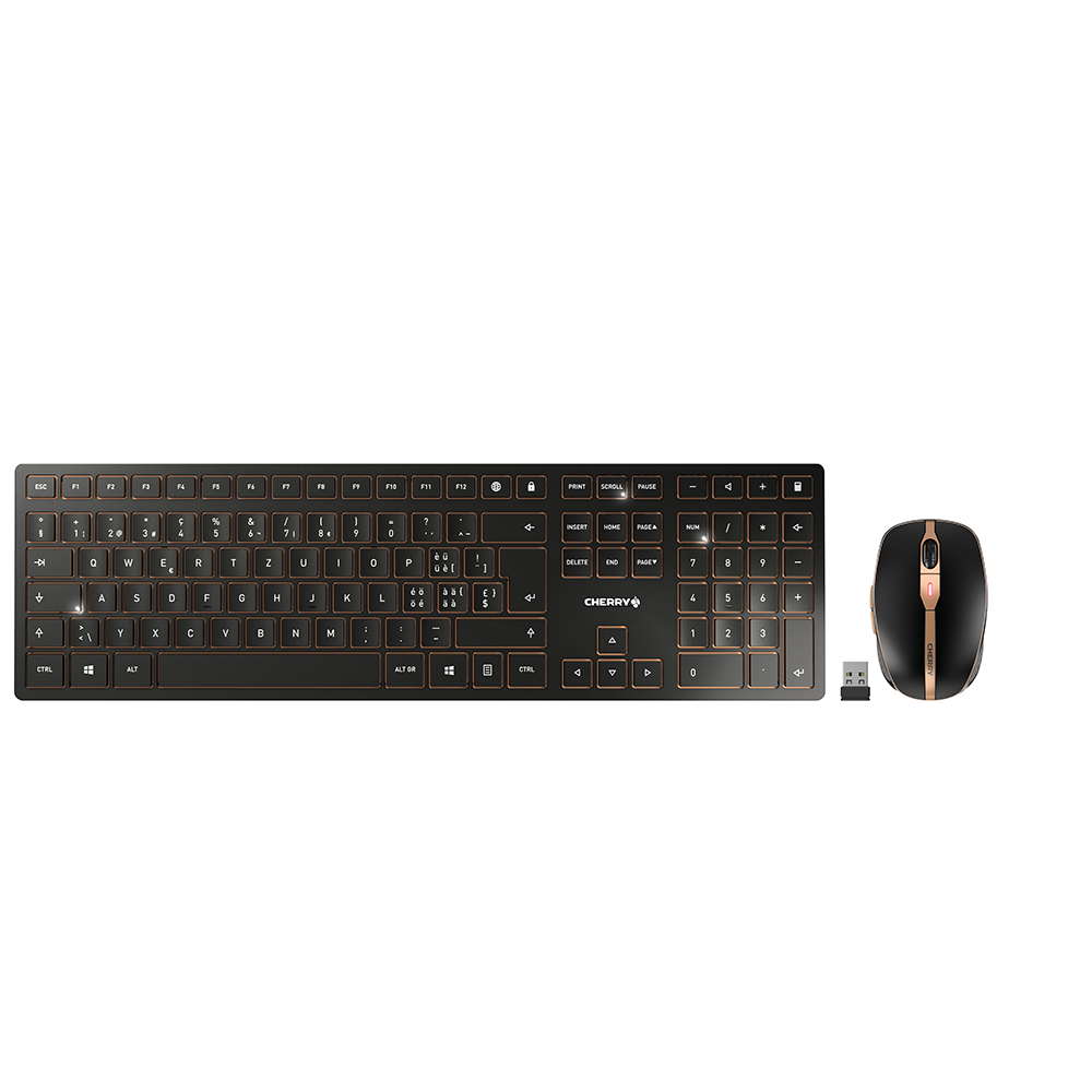 CHERRY Desktop DW 9100 SLIM – Tastatur, kabellos (Bluetooth), CH-Layout (DE-CH), aufladbar, Schwarz/Kupfer