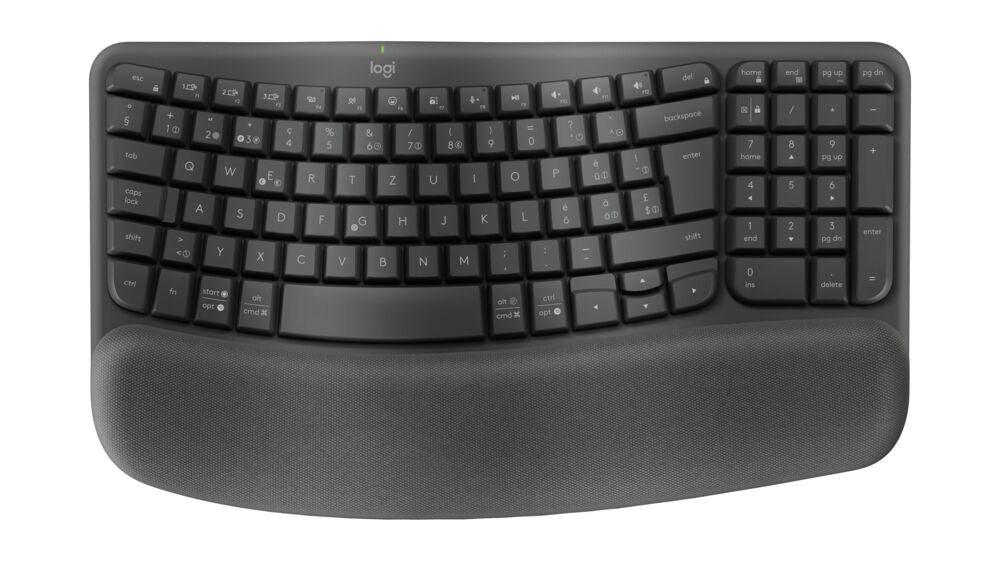 Logitech Wave Keys Ergonomisch – Tastatur, Kabellos (Bluetooth/2,4 GHz), CH-Layout (DE-CH), Ergonomisch, Grau