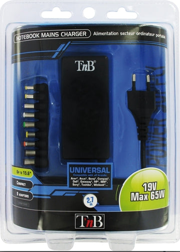 T'nB Notebook-Netzteil 65 W – 19 V, 9 Aufsätze – für Acer, Asus, Compaq und andere – Schwarz