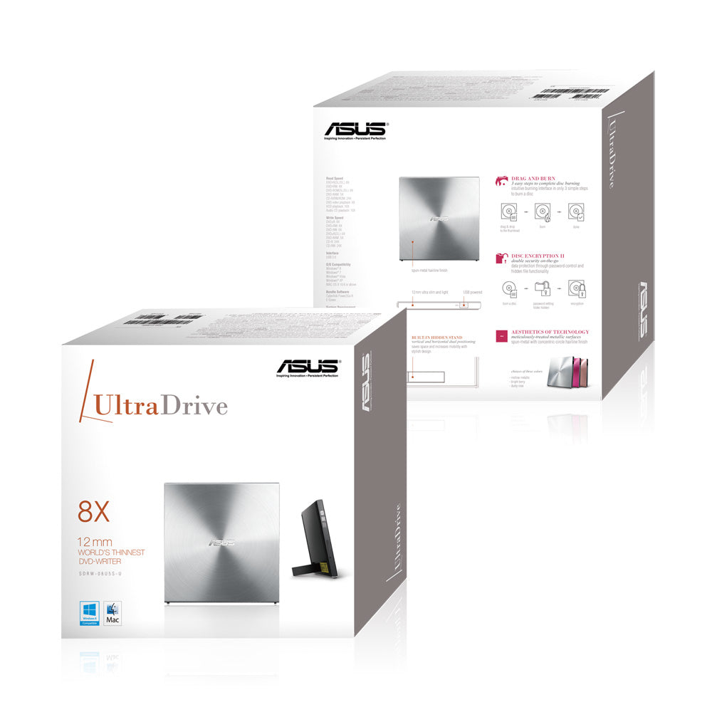 ASUS SDRW-08U5S-U ULTRADRIVE SILVER – externes DVD Super Multi DL, USB 2.0, DVD±R 8×, CD 24×