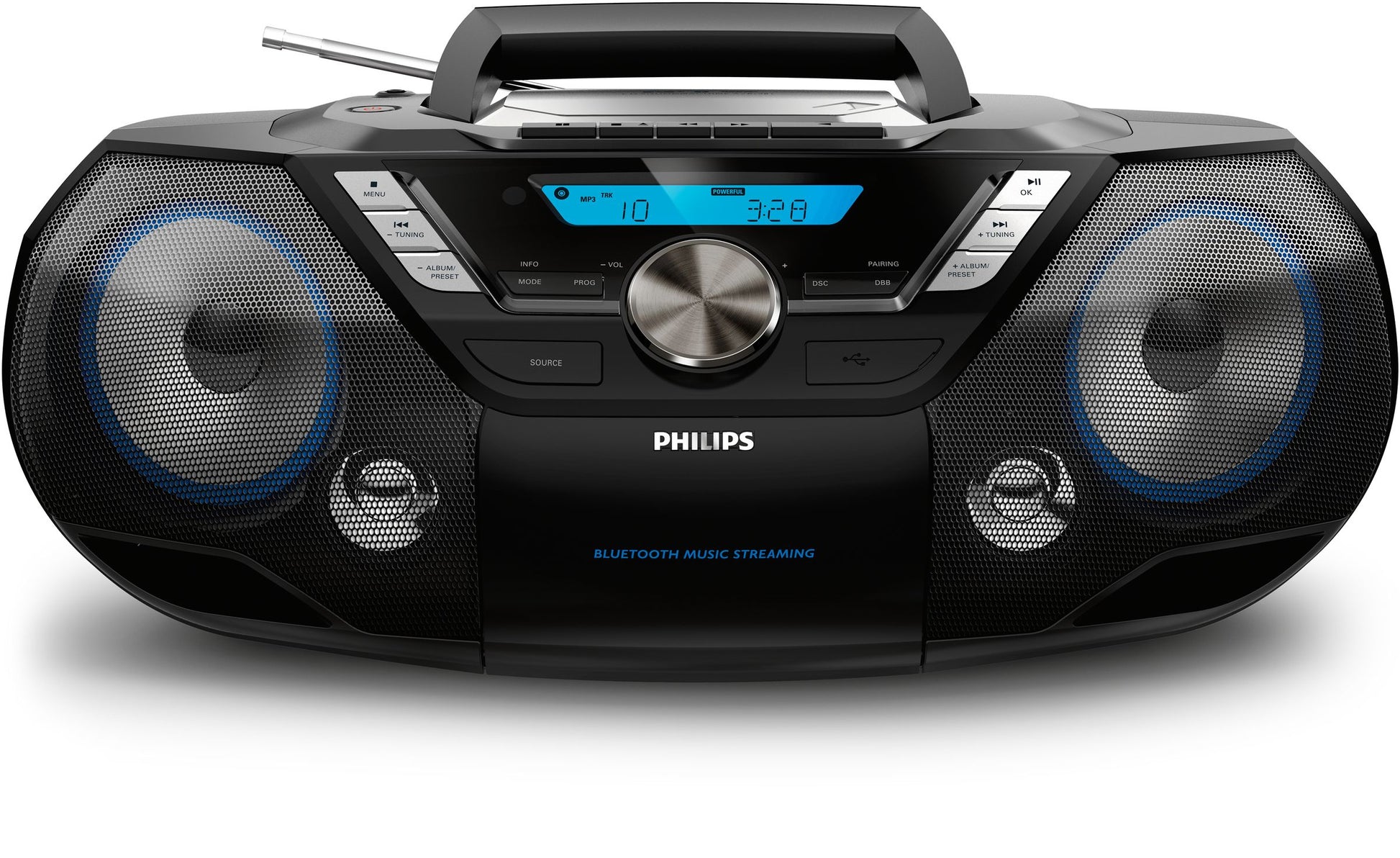 Philips AZB798T/12 – Mobiler CD-Player, DAB+/FM, Bluetooth, CD & Kassette, USB, 12 W, Batterie/Netz – Schwarz