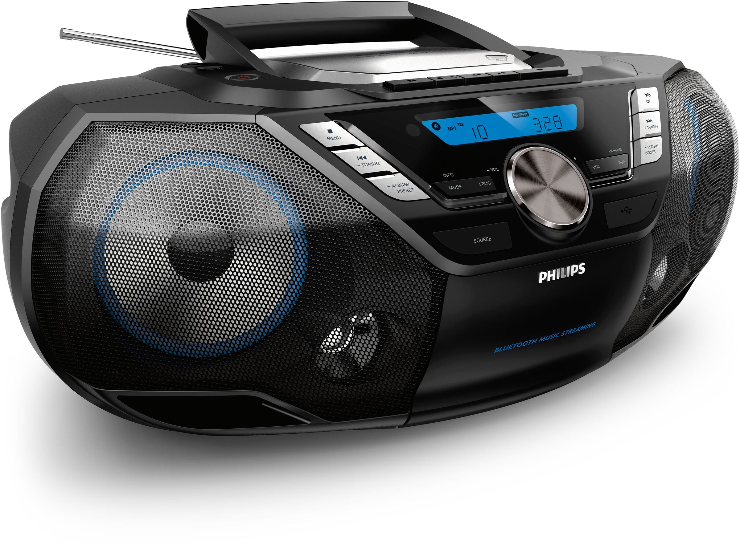 Philips AZB798T/12 – Mobiler CD-Player, DAB+/FM, Bluetooth, CD & Kassette, USB, 12 W, Batterie/Netz – Schwarz