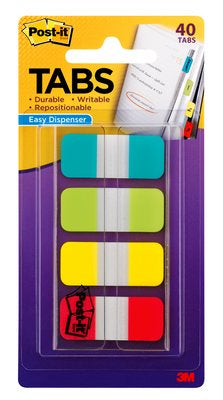 Post-it Indexstreifen Strong schmal – 16×38 mm – sortiert, 4×10 Stück, mit Dispenser