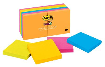 Post-it Super Sticky Haftnotizen – 76×76 mm – sortiert, 12×90 Blatt, PEFC