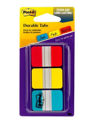 Post-it Indexstreifen Strong – 25,4×38 mm – sortiert (rot, gelb, blau), 3×22 Stück, mit Dispenser
