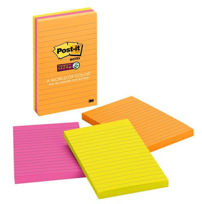 Post-it Haftnotizen – 101,6 × 152,4 mm – sortiert, liniert, Super Sticky, 90 Blatt/Block, 3er-Pack