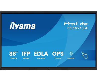 iiyama TE8615A-B2AG – 85,6" Touch, 3840 × 2160 (4K), IPS, USB-C 100 W, LAN